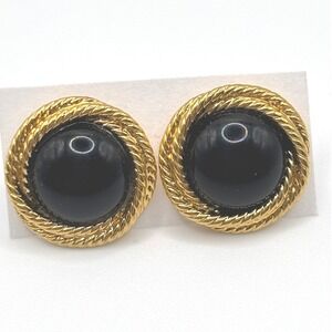 Napier Vintage Gold Tone Black Cabochon Rope Border Round Stud Earrings